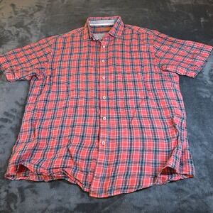 Newport Isle Shirt Button Up Short Sleeve Plaid Linen Orange Blue Mens Large